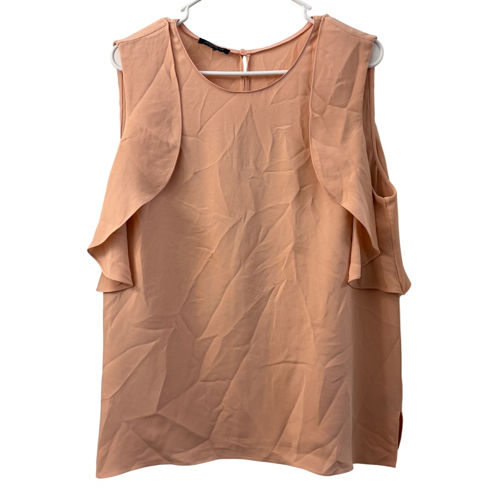 Lafayette 148 New York Peach 100% Silk Ruffle Sleeveless Blouse L Quiet Luxury
